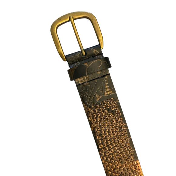 Lucky Brand Black Brown Tooled Embossed Leather Belt Brass Buckle Boho S NEW - Picture 9 of 9